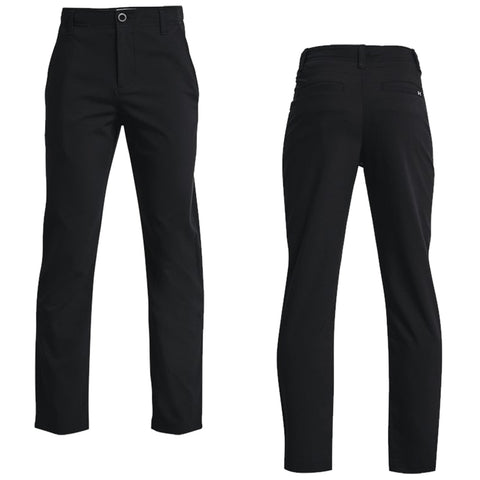 Black pants are displayed front and back showcasing a fitted design with a classic look suitable for casual or formal settings on a neutral background