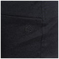 A black fabric features a small spiral logo stitched on the surface the background appears plain and smooth without any other distinct elements or patterns.