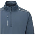 A navy blue quarter-zip pullover features a high collar and a zippered pocket on the front left. The shoulders have a textured pattern, enhancing its sporty look. The brand logo is visible.