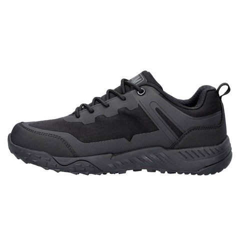 A black athletic shoe is displayed positioned sideways showcasing its synthetic upper material lacing system and textured sole designed for traction suitable for various outdoor activities.