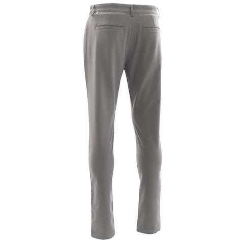 A pair of gray trousers is displayed standing upright showing the back view with two back pockets and a waistband designed for a fitted look suitable for casual or formal settings.