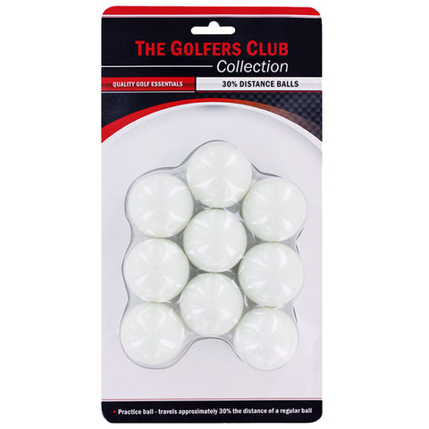 White plastic golf balls are displayed in a clamshell packaging featuring the label The Golfers Club Collection 30% Distance Balls indicating they travel about 30% of a regular ball's distance