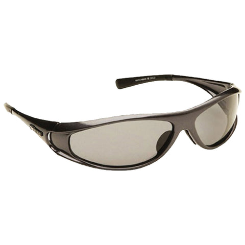 Black sunglasses are positioned at an angle showcasing their curved frame and dark lenses designed to protect eyes from sunlight in an outdoor or bright environment.