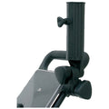 A black adjustable attachment is mounted on a fitness equipment frame with a glossy surface the attachment features a ribbed vertical section and a tightening knob for positioning.