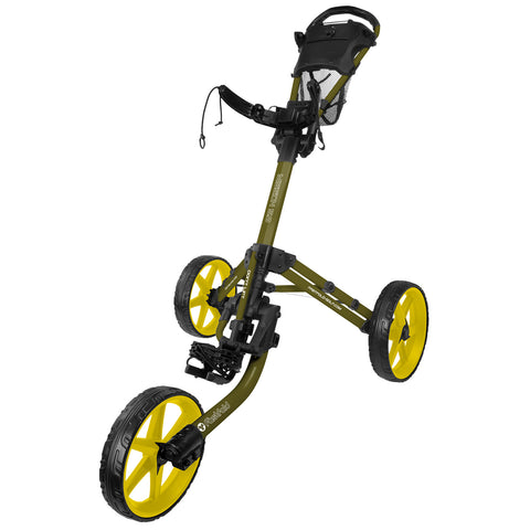 A golf push cart with an adjustable handle is situated on three wheels. It is equipped with a storage bag and features yellow wheels, positioned against a plain background.