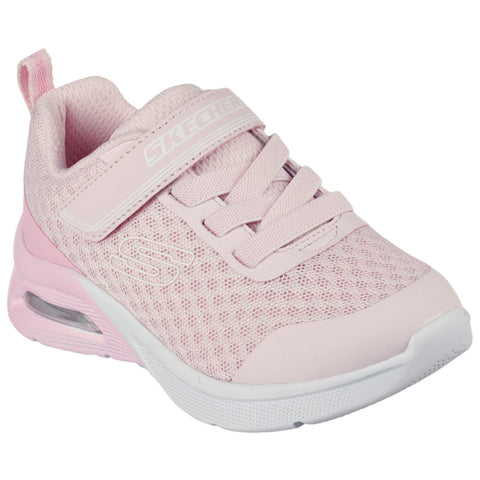 A pink athletic shoe features a mesh upper with a cushioned sole and a strap across the midfoot for support placed on a neutral background.