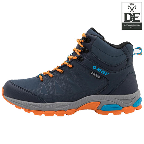 Black waterproof hiking boot with a high ankle design features textured sides and blue accents. It is positioned on a flat surface, showcasing its functional style for outdoor activities.