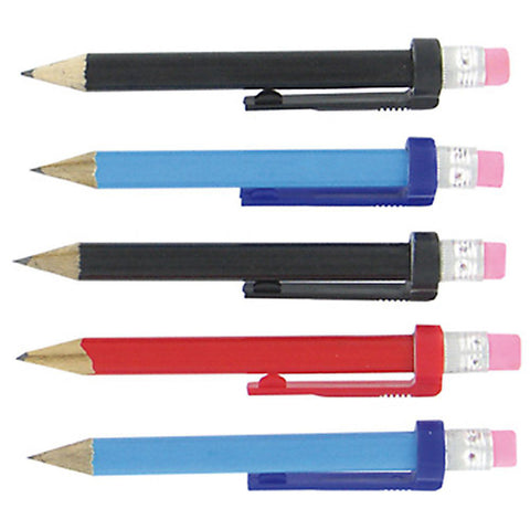 Four mechanical pencils arranged horizontally alternate in color of black blue red and blue with each pencil featuring a pink eraser at the top ready for writing or sketching activities