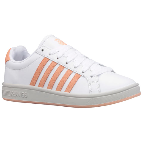 White sneaker with orange stripes sits upright showcasing its smooth design and laced front set against a neutral background emphasizing its sporty and casual style