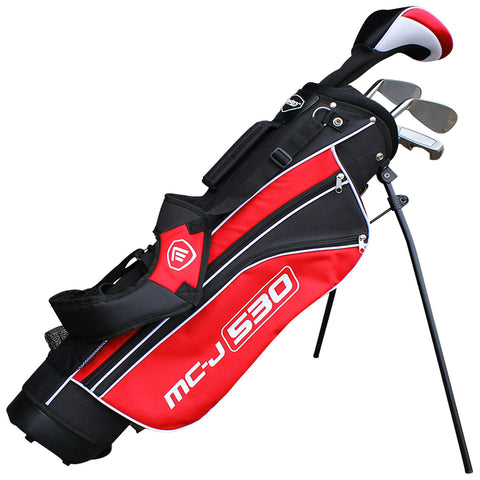 A black and red golf bag stands upright with a set of clubs visible at the top it features a logo and zippers on the side for storage