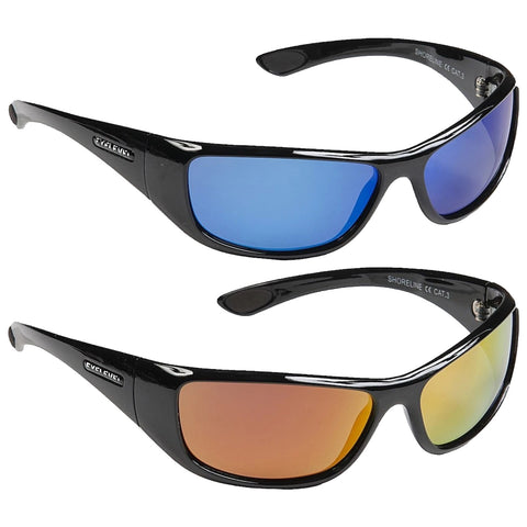 Two pairs of sunglasses are displayed in a stacked position with one pair featuring blue lenses and the other with orange and yellow lenses in a black frame.