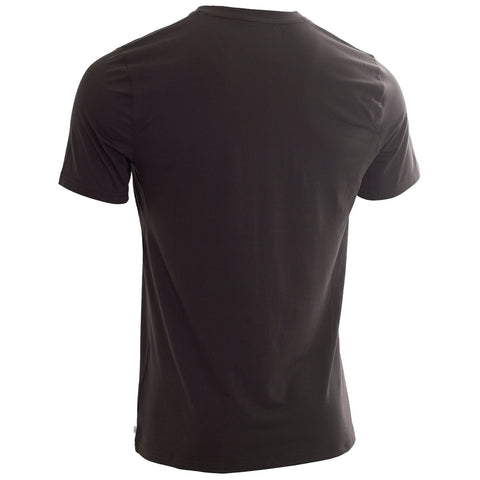 A plain black short-sleeved t-shirt is displayed facing away from the viewer in a well-lit environment highlighting its smooth fabric and simple design.