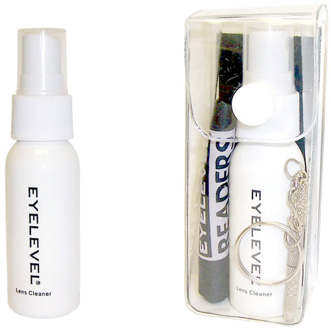 A white lens cleaner spray bottle labeled Eyelevel is positioned next to a clear plastic pouch containing the spray another black marker labeled Readers and a small keychain.