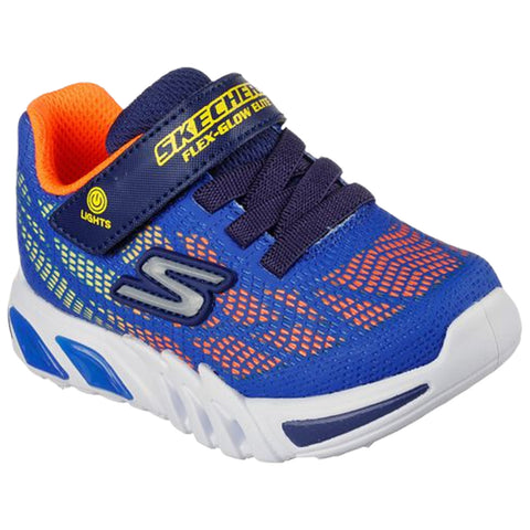 Blue sneaker with orange accents is positioned upright featuring a textured mesh design and a Velcro strap showcases lights embedded in the sole ideal for active wear in casual settings.