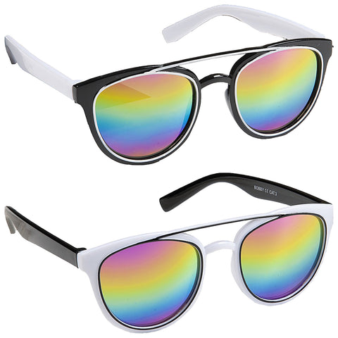 Eyelevel Junior Bobby Sunglasses Two pairs of sunglasses with colorful reflective lenses are displayed. The top pair has a black frame with white accents while the bottom pair features a white frame with black accents.