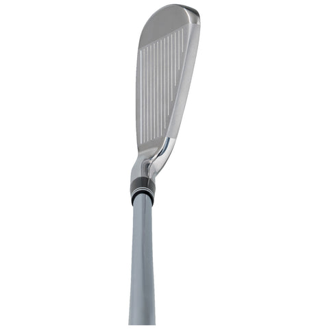 A golf club is positioned upright showing the angled silver clubface with grooves reflecting light the surrounding is a plain white background without any additional details