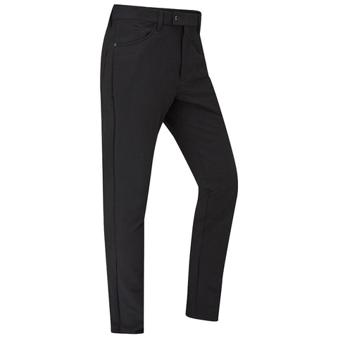 Black pants are displayed standing upright showcasing a slim fit with a smooth texture and side pockets set against a plain white background providing a simple and clear focus on the garment.