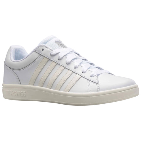 A white sneaker with a sleek design features three white stripes on the side and laces up front set against a plain background.