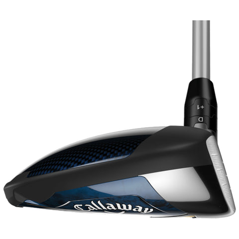 A golf driver club has a sleek black and blue head with a glossy finish resting on its shaft while a dial adjustment is visible near the grip for customization.