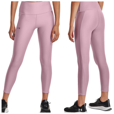 Leggings in a light pink color are displayed standing upright with one side facing forward and the back visible showcasing a fitted style designed for athletic wear in a neutral background.