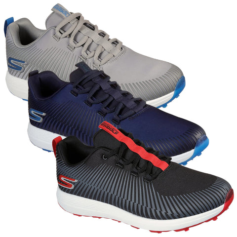 Three pairs of golf shoes are arranged from top to bottom in gray, navy, and black with red accents showcasing a modern design and textured surfaces set against a plain background.