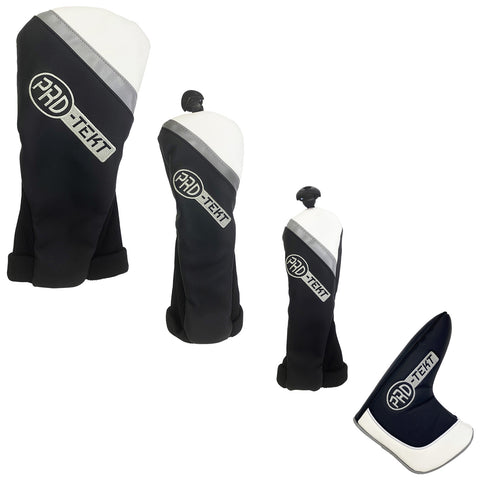 Four golf club headcovers are displayed in various sizes and shapes. They feature a sleek black and white design with a logo. The headcovers provide protection and style for golf clubs.