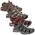 Hi-Tec Ladies Cove Sport Sandals Four pairs of outdoor sandals are displayed side by side showcasing various colors and styles featuring open designs and adjustable straps positioned against a plain white background.