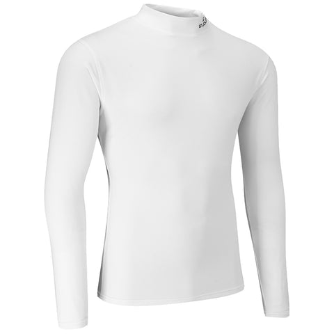 A long-sleeved white shirt stands upright showcasing a high neck design made of a smooth fabric likely intended for active wear or layering in various settings.