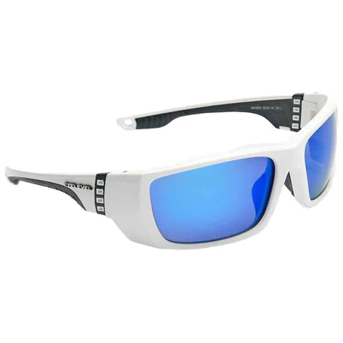 A pair of white and black sunglasses with blue lenses rests on a flat surface reflecting light suggesting a sporty and stylish design suitable for outdoor activities.