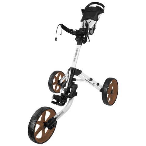 A golf push cart has three wheels with a white frame and brown accents its handle is adjustable and includes a mesh holder for accessories in a neutral background environment