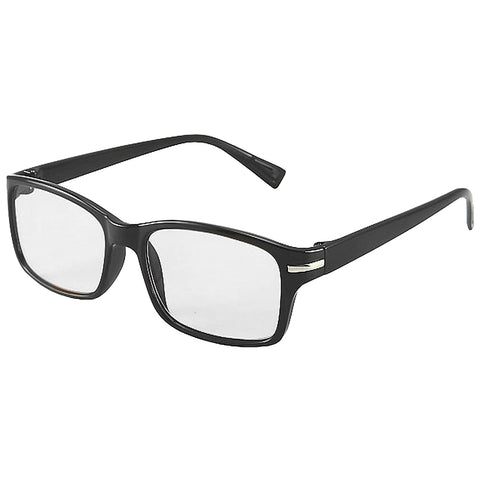 Black rectangular glasses are positioned at an angle displaying clear lenses and slender arms in a neutral setting often associated with eyewear.