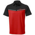 A short-sleeved polo shirt features a red body with a black collar and sleeves accented by a white horizontal stripe and a logo displayed on the left chest.