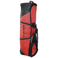 A tall red and black golf bag stands upright featuring multiple zippered compartments straps and branding on its side indicating it is designed to hold and transport golf clubs and accessories.