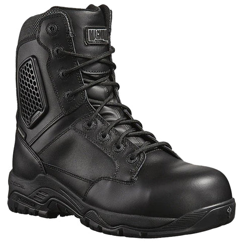 A black tactical boot features a high ankle design with a smooth leather surface and mesh ventilation. It is equipped with sturdy laces and a rugged sole for traction and durability.