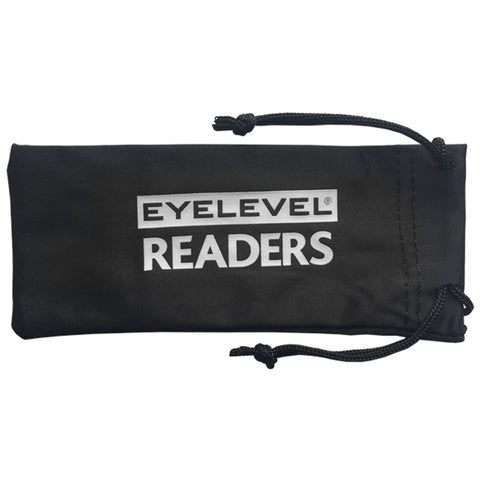 A black pouch labeled EYELEVEL READERS is lying flat showcasing its smooth surface and drawstring closure designed for holding reading glasses in a compact form.