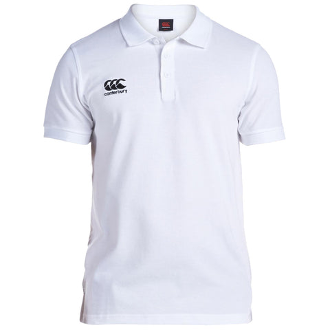 A white polo shirt is displayed hanging vertically with short sleeves and a collar featuring a logo and brand name embroidered on the left side.