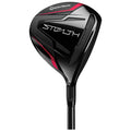 A TaylorMade Stealth golf club features a sleek black and red design with the word "STEALTH" prominently displayed on the head and a marked loft of 15 degrees.