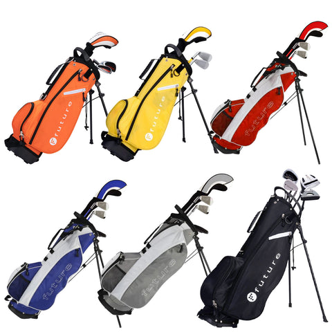 Golf bags in various colors are displayed upright with clubs partially visible peeking out. Each bag features a brand logo and stands on retractable legs, ready for use on the golf course.