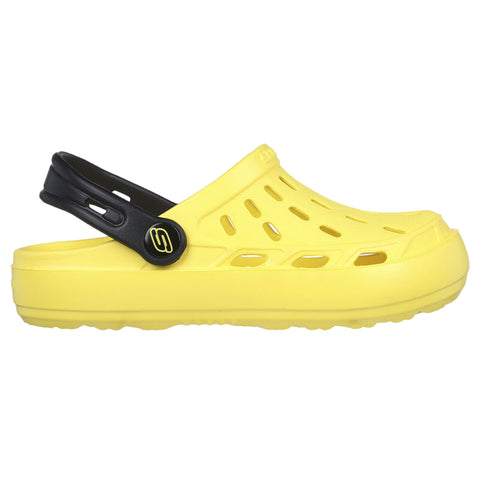 A bright yellow shoe with a black strap features multiple ventilation holes and a chunky sole designed for comfort and ease of wear suitable for casual or outdoor activities.