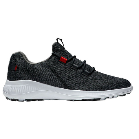 A black golf shoe with a textured upper and white sole sits upright featuring red accents and black laces designed for comfort and performance in casual or sports activities.