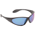 Sunglasses with a sleek black frame and blue-tinted lenses rest against a plain background showcasing a sporty design suitable for outdoor activities and sun protection.