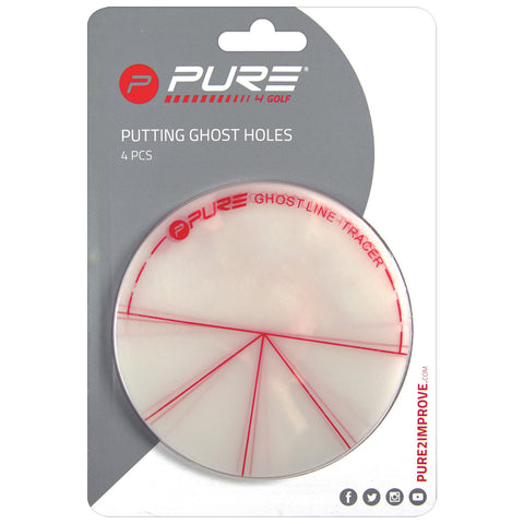 A circular putting aid is displayed with red lines radiating from the center indicating alignment. The background packaging includes the branding PURE and the product name PUTTING GHOST HOLES.