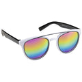 Sunglasses feature rainbow-colored lenses with a white frame and black tips. They are designed to provide a stylish accessory for outdoor activities or sunny days.