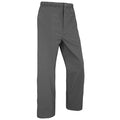 Gray waterproof pants stand upright displaying an elastic waistband with a button closure this clothing item is designed for outdoor wear in wet conditions