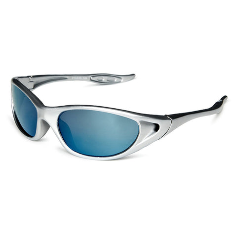 Silver sunglasses with blue lenses sit angled on a plain white background showcasing a streamlined design intended for outdoor use blocking sunlight while providing a sporty aesthetic.