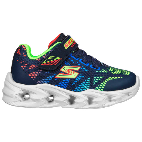 A blue children's sneaker features a mesh upper with vibrant green and neon accents and a Velcro strap providing secure fitting in a neutral setting.