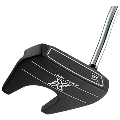 A black golf putter with a unique head shape and silver shaft rests against a neutral background featuring markings and branding indicating it is an Odyssey model numbered 7.