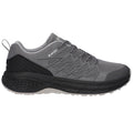 Gray hiking shoe with a textured upper and black accents sits flat against a neutral background showcasing its design features including laces and lugged sole for traction and support.