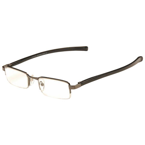 Rectangular glasses with thin black frames rest at an angle. They are designed for vision correction and are placed against a plain white background, emphasizing their shape and style.