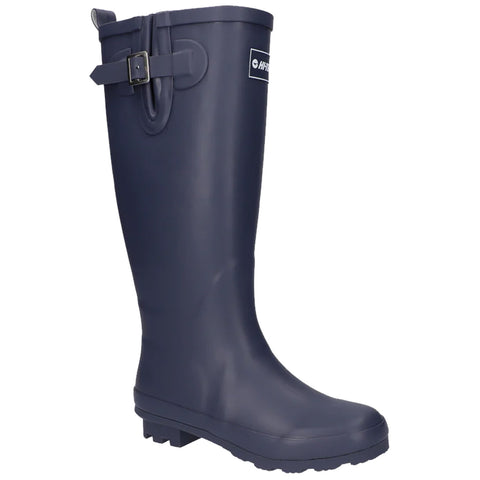 A dark blue waterproof rubber boot stands upright showcasing a buckle strap on the side indicating functionality for wet conditions suitable for outdoor activities in rainy or muddy environments.